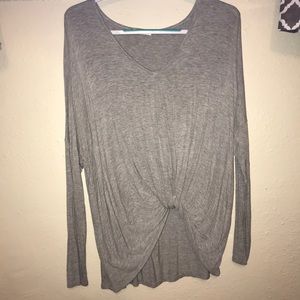 Grey long sleeve, tie on front bottom
